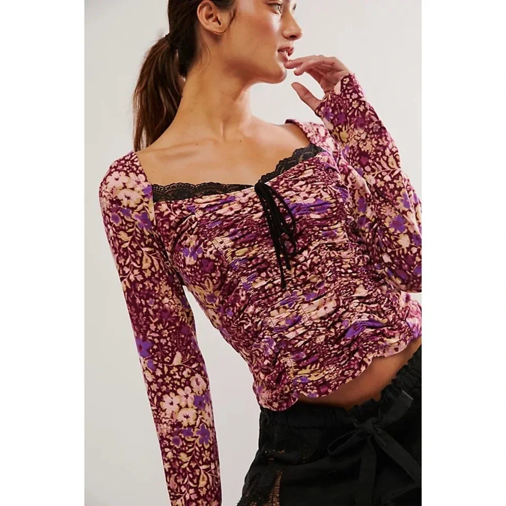 Free People Layer It On Me Long Sleeve Floral Ruched Purple Lace Trim Large